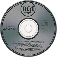 The King Elvis Presley, CD, RCA, 2765-2-R, 1990, Elvis' Golden Records Volume 3